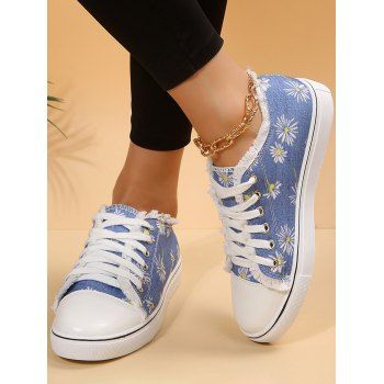 

Flower Print Frayed Hem Lace Up Flat Platform Outdoor Shoes, Light blue