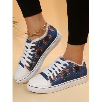 

Flower Print Frayed Hem Lace Up Flat Platform Outdoor Shoes, Deep blue