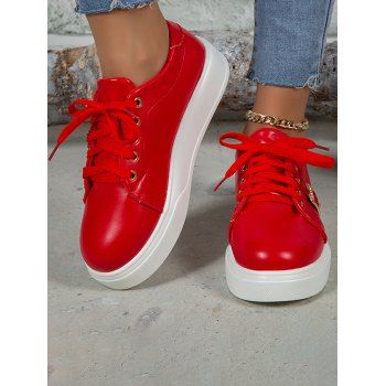 

Plain Color Buckle Lace Up Thick Platform Outdoor Shoes, Red
