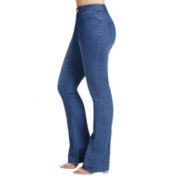 

Dark Wash Flare Jeans Zipper Fly High Waisted Pockets Long Denim Pants, Blue