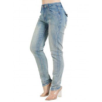 

Light Wash Jeans Straight Zipper Fly Pockets Mock Button High Waisted Long Denim Jeans, Deep blue