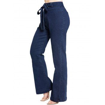 

Belted Flare Jeans Dark Wash Zipper Fly Pockets High Waisted Long Denim Pants, Deep blue