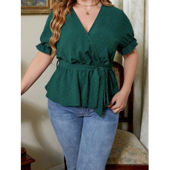 

Plus Size Blouse Plain Color Swiss Dots Surplice Belted Plunging Neck Ruffle Chiffon Top, Deep green