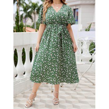 

Plus Size Vacation Dress Flower Print Belted Plunging Neck High Waisted A Line Midi Dress, Green