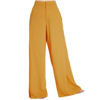 

Plain Color Wide Leg Pants High Waisted Zipper Fly Side Pocket Long Pants, Deep yellow