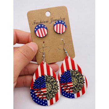 

2Pairs American Flag Leopard Sunflower Waterdrop Hook Drop Earrings And Round Stud Earrings Set, Multicolor a