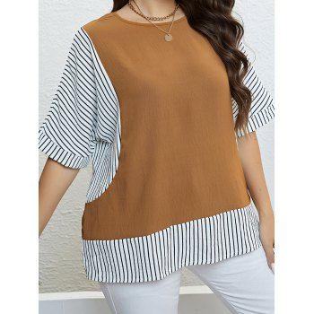 

Plus Size T Shirt Colorblock Striped Print Long Tee, Dark orange