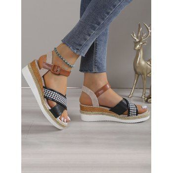 

Houndstooth Crossover Buckle Strap Open Toe Thick Platform Outdoor Sandals, Black