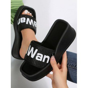 

Letter Print Thick Platform Slip On Outdoor Slippers, Black