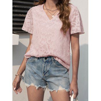

Jacquard Overlay Short Sleeve Blouse V Neck Solid Color Casual Blouse, Light pink