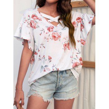 

Flower Print T-shirt Flare Sleeve Crisscross V Neck Drop Shoulder Cottagecore Tee, White