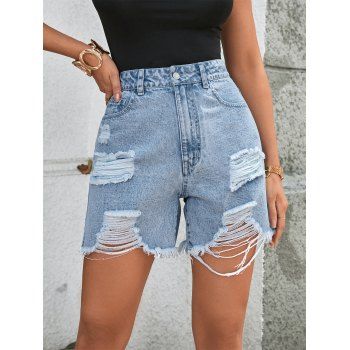 

Distressed Ripped Jean Shorts Frayed Hem Light Wash High Waist Denim Shorts, Light blue