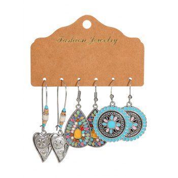 

3 Pcs Ethnic Style Flower Waterdrop Heart Earrings, Silver