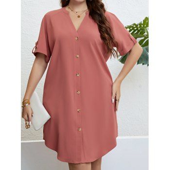 

Plus Size Dress Plain Color Button Up Raglan Sleeve Stand Collar V Notched Curved Hem Straight Mini Dress, Light pink