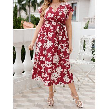 

Plus Size Dress Flower Print Dress Belted Surplice High Waisted Plunging Neck A Line Midi Dress, Deep red