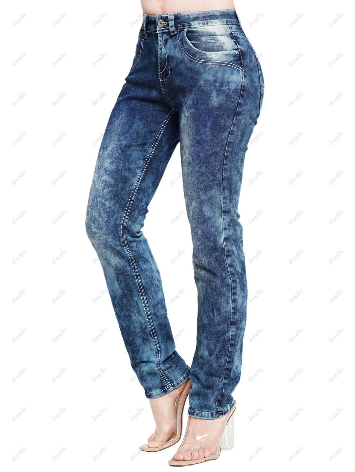 Acid Wash Jeans Zipper Fly Pockets High Waisted Straight Long Denim Pants - BLUE 2XL