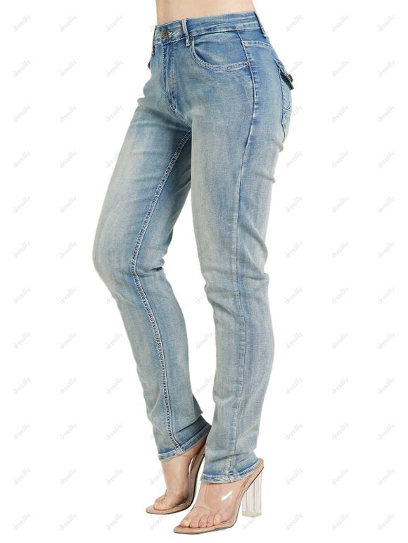 Jean Long Droit Boutonné Zippé avec Poches à Taille Haute en Denim au Lavage légé - Bleu profond M