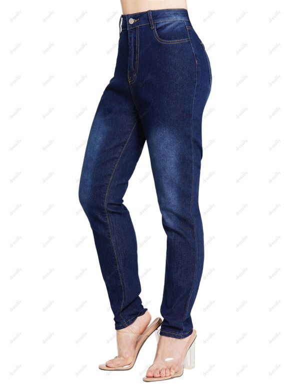 Pantalon Moulant Délavé à Taille Haute avec Poches en Denim à Braguette Zippée - Bleu profond XXL