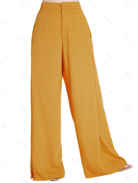 Pantalon Long Zippé Jambe Large à Taille Haute avec Poche Latérale - Deep Yellow L
