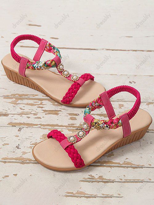 Ethnic Style Open Toe Braid Slip On Wedge Heels Beach Sandals - Rouge Rose EU 38