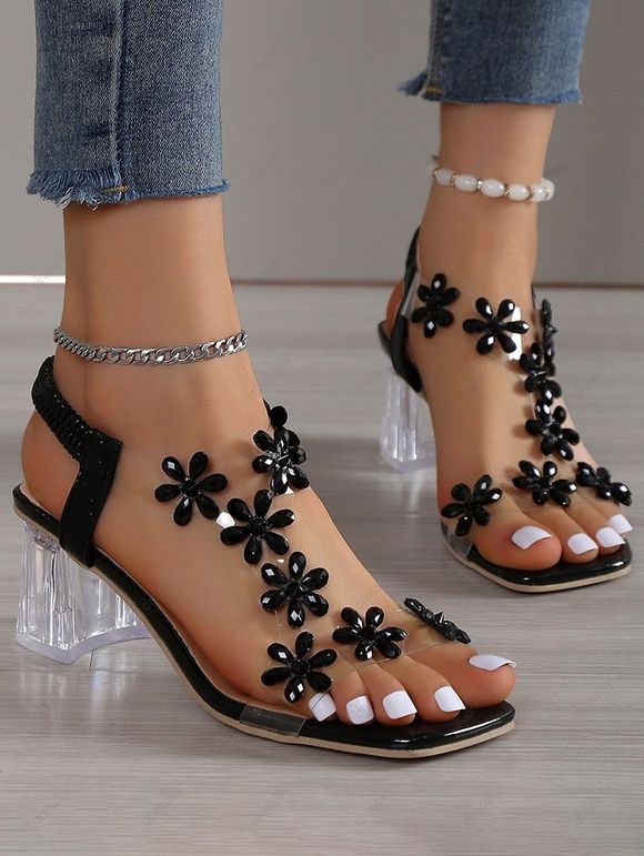 Floral Transparent Slip On Chunky Heels Sandals - Noir EU 43