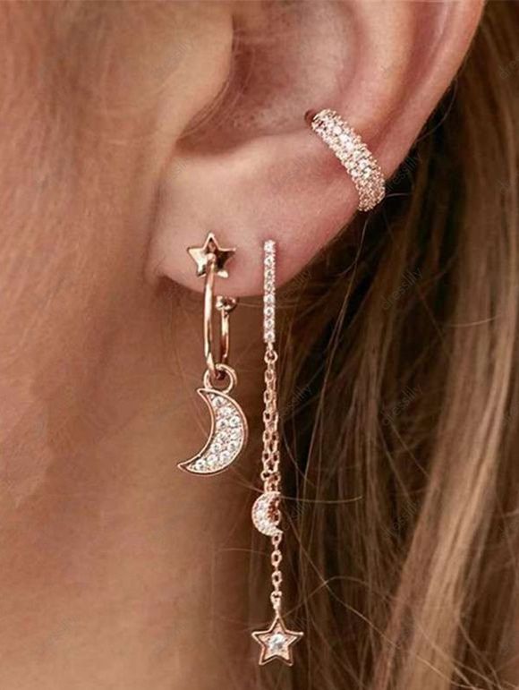 Rhinestone Moon Star Cuff Earrings Drop Earring Set - GOLDEN 3PCS
