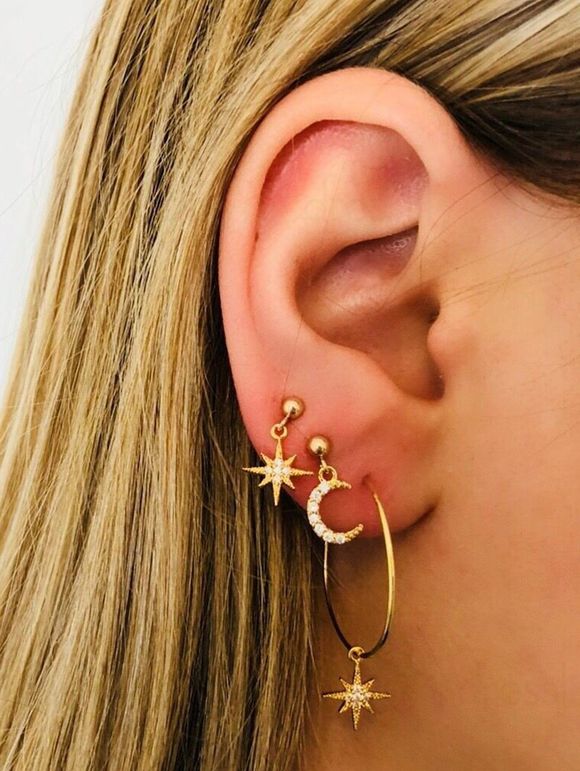 Ensemble de Boucles D'Oreilles Lune Etoile Au Crochet avec Strass - d'or 2 PAIRS