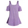 T-shirt Epaule Dénudée à Bretelle Bouclée à Manches Courtes à Lacets Courbe de Grande Taille - Violet clair 2X