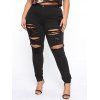 Jean Long Maigre Zippé Déchiré Grande Taille avec Multi-Poches en Denim - Noir 3XL
