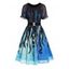 Mini Robe Ligne A Ceinturée à Imprimé Galaxie Pieuvre à Manches Bouffantes en Mousseline - Noir S