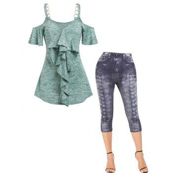 

Cold Shoulder Ruffle Heathered T Shirt And Printed Capri Jeggings Casual Outfit, Multicolor