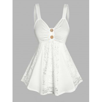 

Plain Color Lace Panel Tank Top Ruched Bust Mock Button Strap Skirted Tank Top, White