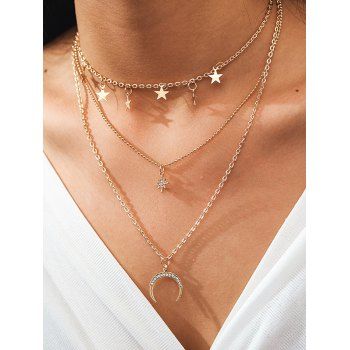 

Rhinestone Star Moon Trendy Layered Necklace, Golden