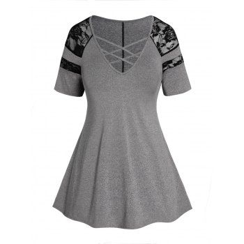 

Plus Size T Shirt Lattice Strap Flower Lace Panel Short Sleeve Long Curve Tee, Gray