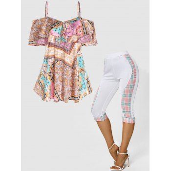 

Paisley Floral Print Top Cold Shoulder Ruffle Top And Plaid Print Cuffed Hem Capri Pants Ethnic Outfit, Multicolor