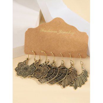 

3Pair Tribal Flower Feather Hollow Out Vintage Drop Earrings Set, Golden