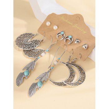 

6 Pairs Hollow Out Flower Moon Feather Drop Earrings Heart Faux Pearl Stud Earrings Set, Silver