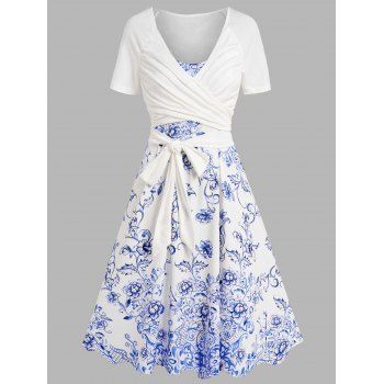 Floral Leaf Print A Line Vacation Sundress and Bowknot Surplice T Shirt Two Piece Summer Set 