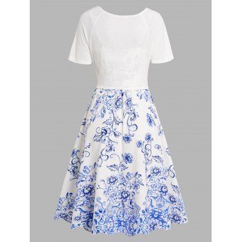 Floral Leaf Print A Line Vacation Sundress and Bowknot Surplice T Shirt Two Piece Summer Set 
