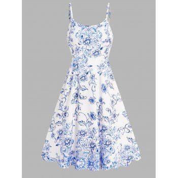 Floral Leaf Print A Line Vacation Sundress and Bowknot Surplice T Shirt Two Piece Summer Set 