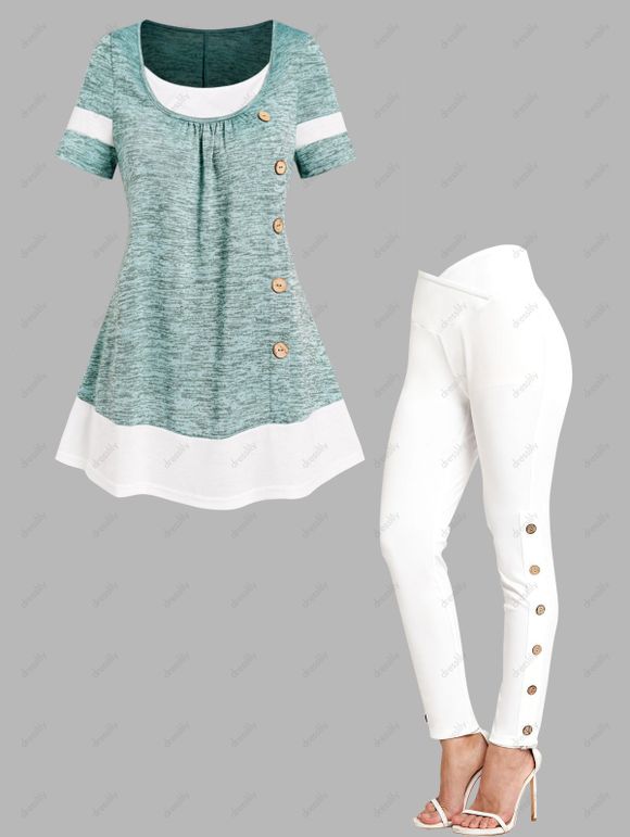 Ensemble de T-shirt Décontracté Chiné Boutonné en Blocs de Couleurs Faux Deux Pièces et Legging Croisé Feux Bouton - multicolor S