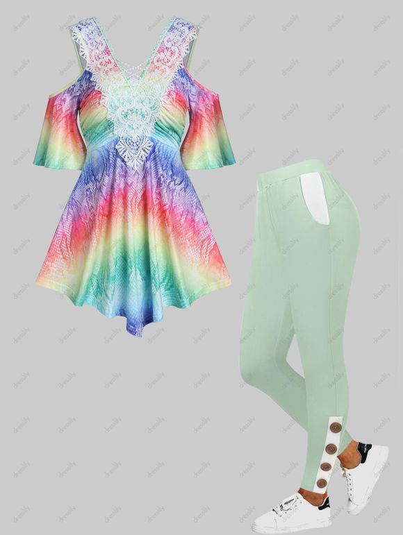 Rainbow Print Cold Shoulder Crochet Lace T Shirt And Colorblock Mock Button Skinny Leggings Casual Outfit - multicolor S