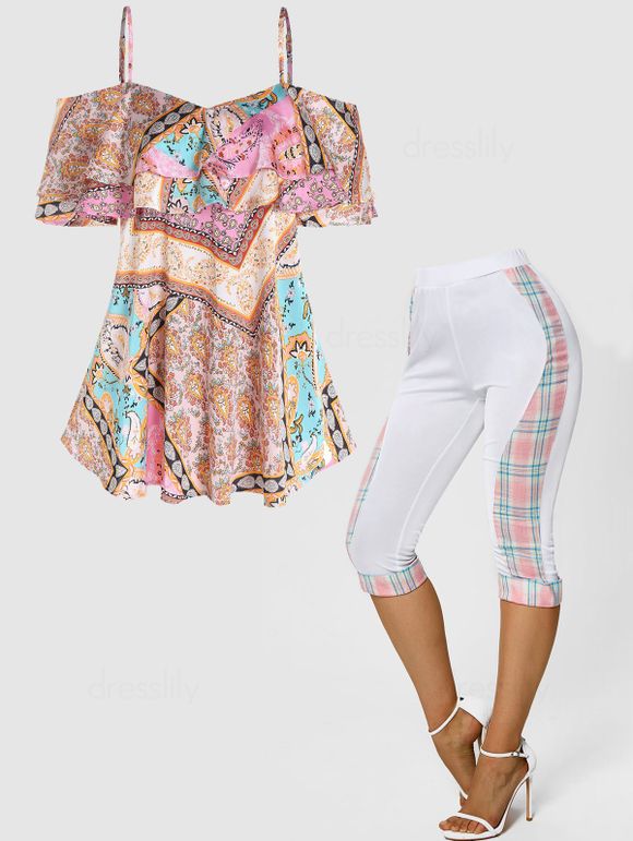 Ensemble de Top à Imprimé Cachemire Ethnique à Epaule Dénudée et de Pantalon Capri Ourlet à Revers - multicolor S