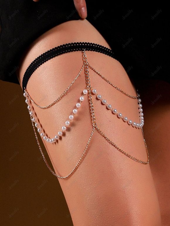 Chaîne de Corps Cuisse en Dentelle avec Perle Artificielle à Frange - d'or 1PC