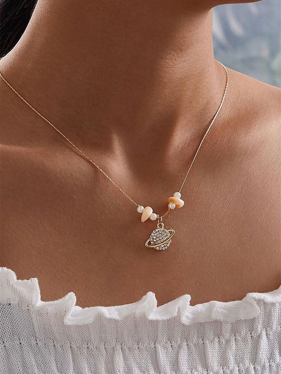 Collier Pendant Planète avec Fausse Perle avec Strass - d'or 