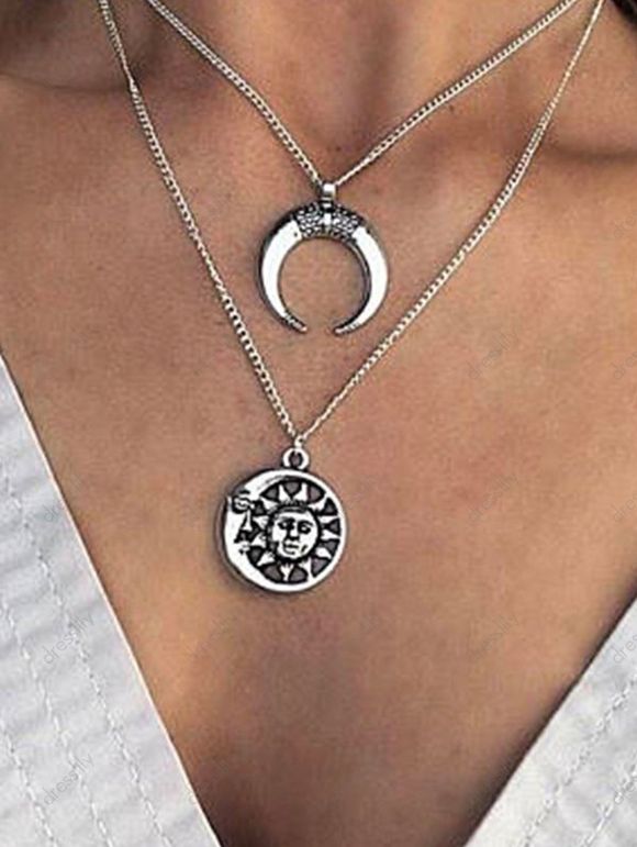 Collier Chaîne Pendant Superposé Céleste de Lune Soleil - Argent 