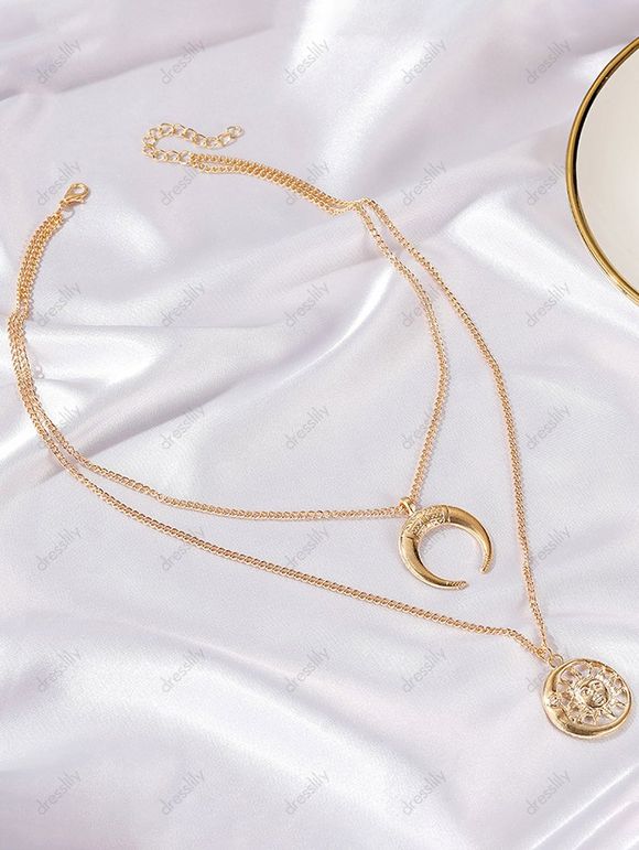 Collier Chaîne Pendant Superposé Céleste de Lune Soleil - d'or 