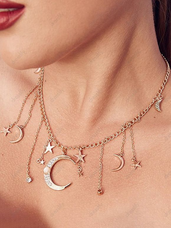 Collier Lune Etoile avec Strass - d'or 1PC