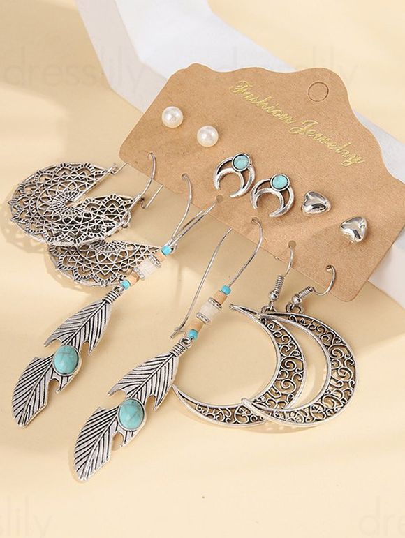 6 Paires Ensemble de Boucles D'Oreilles Clous Pendantes Fleur Lune Cœur Evidées en Fausse Perle - Argent 