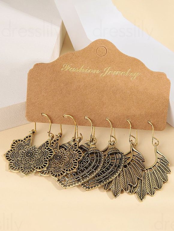 3 Paires Boucles D'Oreilles Pendantes Motif Fleurs et Plumes Style Tribal Vintage - d'or 